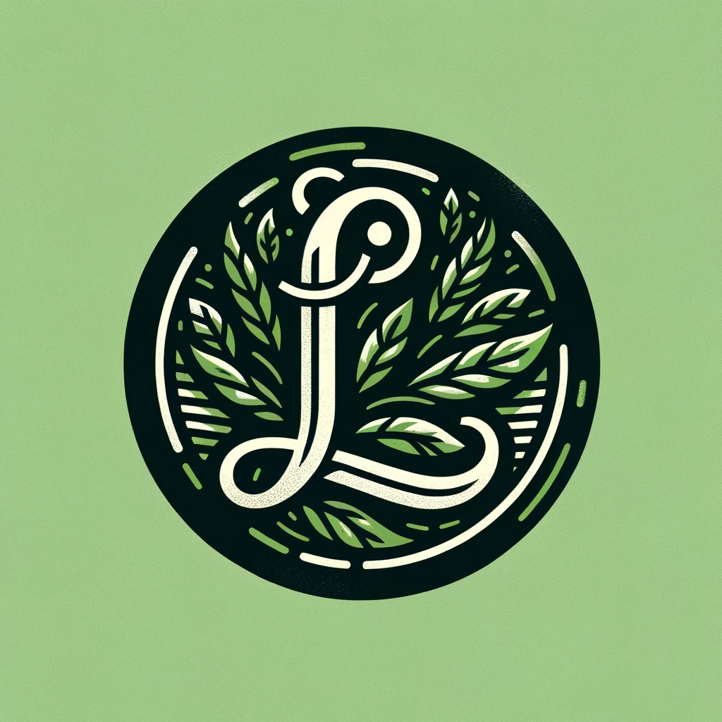 DALL·E 2024-03-05 22.23.10 - A single logo featuring a sophisticated, old-fashioned hand-written complex 'L' inside a circle, surrounded by green leaves. The design should balance.webp